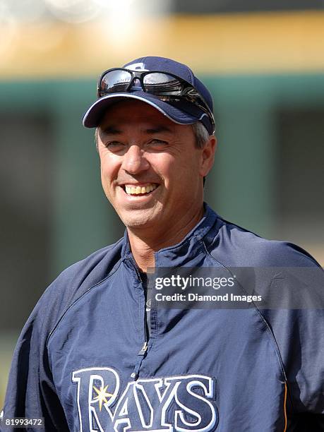 Coach Tom Foley of the Tampa Bay Rays smiles prior to a game with the Cleveland Indians on Thursday, July 10, 2008 at Progressive Field in Cleveland,...