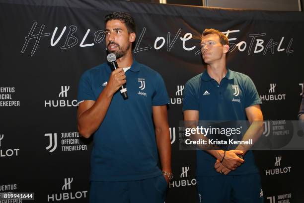 Sami Khedira and Stephan Lichtsteiner attend Hublot Welcomes Juventus Football Club To NYC at Hublot Boutique on July 20, 2017 in New York City.