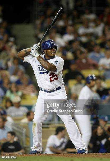 Andruw Jones of the Los Angeles Dodgers bats against the Florida Marlins on July 12, 2008 at Dodger Stadiium in Los Angeles, California. The Marlins...