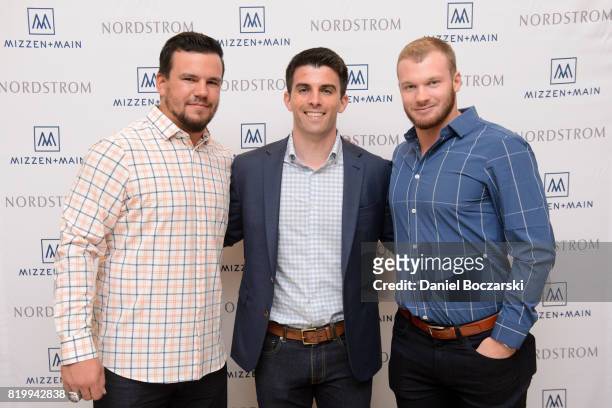 Kyle Schwarber, Mizzen + Main CEO Kevin Lavelle and Ian Happ attend Kyle Schwarber & Ian Happ for Mizzen+Main at Nordstrom Old Orchard on July 20,...