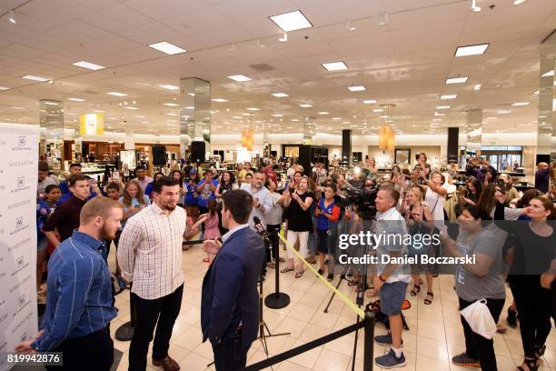 Kyle Schwarber speaks with Mizzen + Main CEO Ken Lavelle during Kyle Schwarber & Ian Happ for Mizzen+Main at Nordstrom Old Orchard on July 20, 2017...