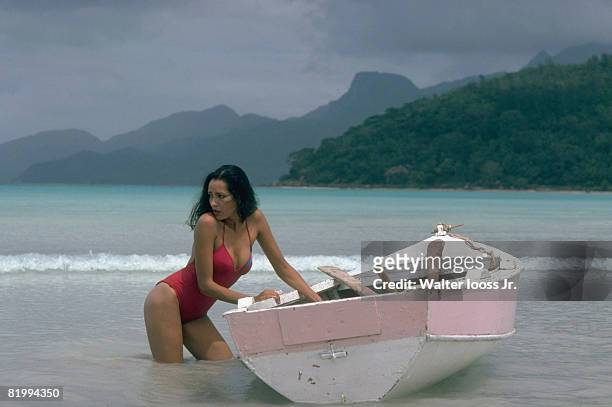 Swimsuit Issue 1979: Model Barbara Carrera poses for the 1979 Sports Illustrated Swimsuit issue on November 1, 1978 on Mahe, Seychelles. PUBLISHED...