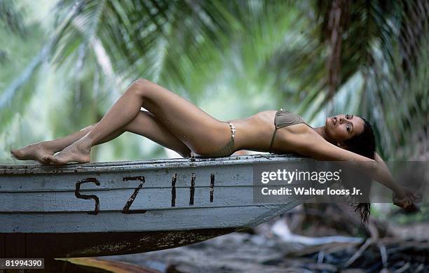 Swimsuit Issue 1979: Model Barbara Carrera poses for the 1979 Sports Illustrated Swimsuit issue on November 1, 1978 on Mahe, Seychelles. PUBLISHED...