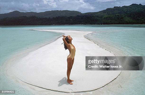 Swimsuit Issue 1979: Model Barbara Carrera poses for the 1979 Sports Illustrated Swimsuit issue on November 1, 1978 on Mahe, Seychelles. PUBLISHED...