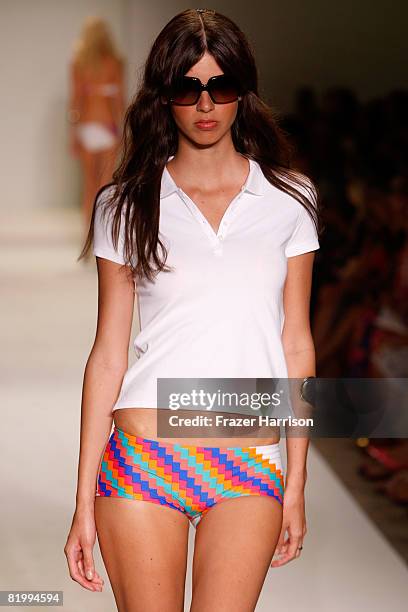 Model walks the runway at Tibi 2009 collection fashion show during Mercedes-Benz Fashion Week Swim at the Raleigh Hotel on July 18, 2008 in Miami,...