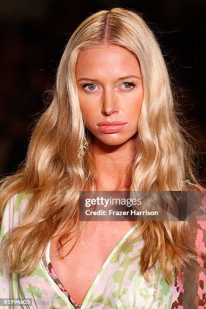 Model walks the runway at Tibi 2009 collection fashion show during Mercedes-Benz Fashion Week Swim at the Raleigh Hotel on July 18, 2008 in Miami,...
