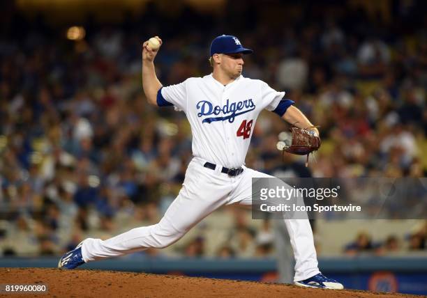Los Angeles Dodgers Pitcher Brock Stewart pitches in the eighth inning during a Major League Baseball game between the Atlanta Braves and the Los...