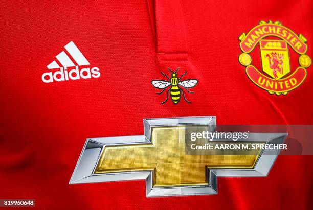 Detail view of the bee is seen on a Manchester United jersey during the International Champions Cup soccer match against Manchester City at NRG...