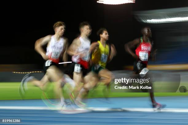 Joshua Lay of England, Luke Duffy of England, Jackson Sharp of Australia and John Waweru of Kenya compete in the boy's 1500m Final during the...