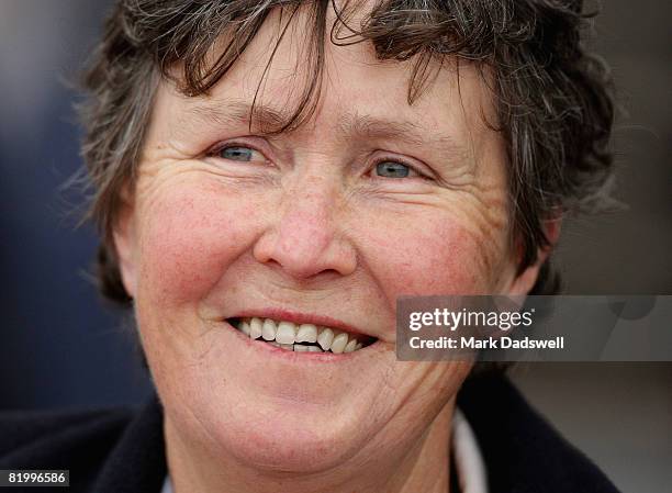 Trainer of Tesbury Jack Julie Scott looks well pleased after winning Race Six the Sir John Monash Stakes during the Sir John Monash Stakes Day at...