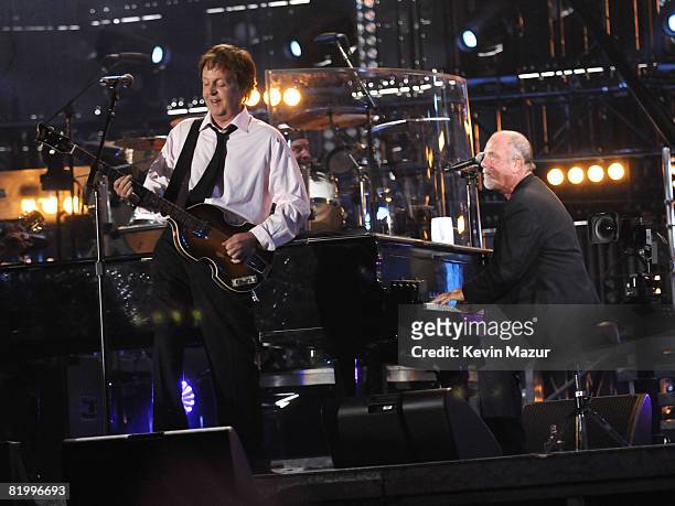 Exclusive* Sir Paul McCartney and Billy Joel perform during the "Last Play at Shea" at Shea Stadium on July 16, 2008 in Queens, NY.