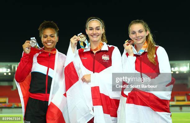 Lucy Hadaway and Holly Mills of England celebrate after winning medals after competing in the Girls Long Jump Final during the Athletics on day 3 of...