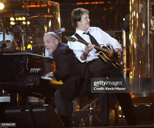 Exclusive* Billy Joel and Sir Paul McCartney perform during the "Last Play at Shea" at Shea Stadium on July 16, 2008 in Queens, NY.