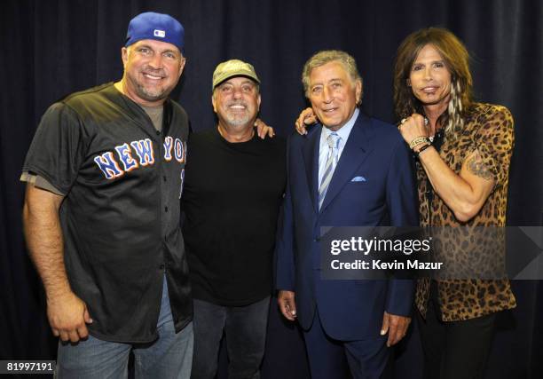 Exclusive* Garth Brooks, Billy Joel, Tony Bennett and Steven Tyler backstage before the "Last Play at Shea" at Shea Stadium on July 16, 2008 in...