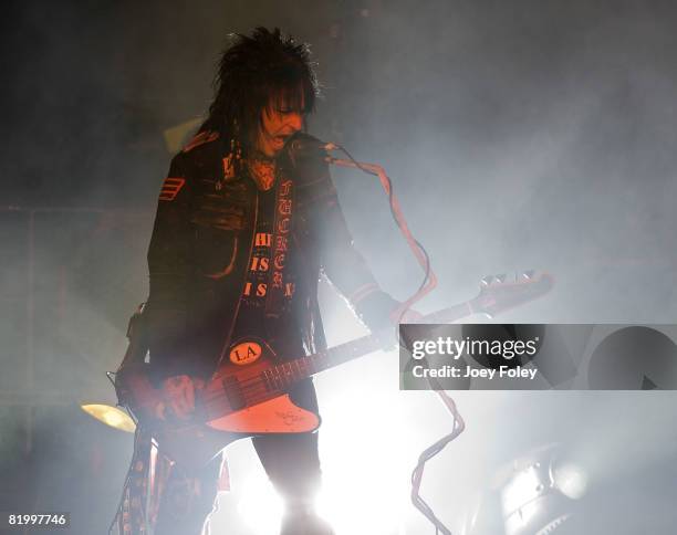 Nikki Sixx of the rock band Motley Crue performs live during Crue Fest 2008 at the Verizon Wireless Music Center on July 18, 2008 in Noblesville,...