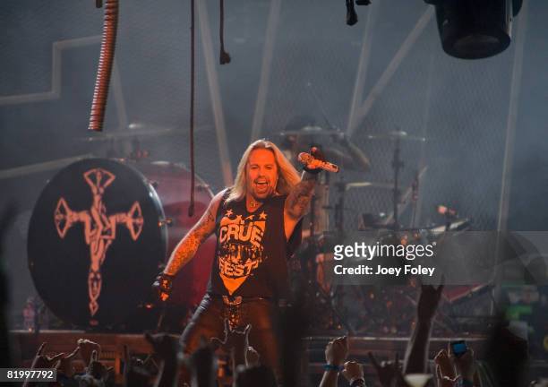Lead singer Vince Neil of the rock band Motley Crue performs live during Crue Fest 2008 at the Verizon Wireless Music Center on July 18, 2008 in...