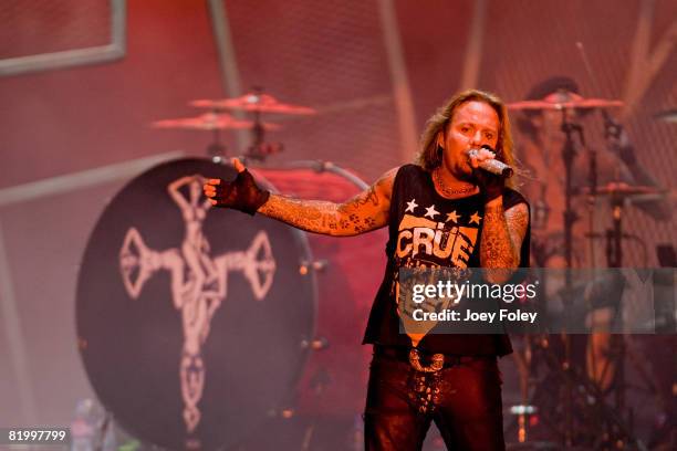 Lead singer Vince Neil of the rock band Motley Crue performs live during Crue Fest 2008 at the Verizon Wireless Music Center on July 18, 2008 in...