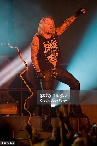 Lead singer Vince Neil of the rock band Motley Crue performs live during Crue Fest 2008 at the Verizon Wireless Music Center on July 18, 2008 in...
