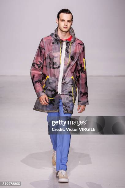 Model walks the runway at the Ovadia & Sons during the NYFW: Men's July 2017 Spring Summer 2018 Collection at Skylight Clarkson Sq on July 12, 2017...