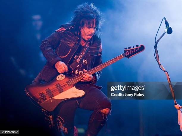 Nikki Sixx of the rock band Motley Crue performs live during Crue Fest 2008 at the Verizon Wireless Music Center on July 18, 2008 in Noblesville,...