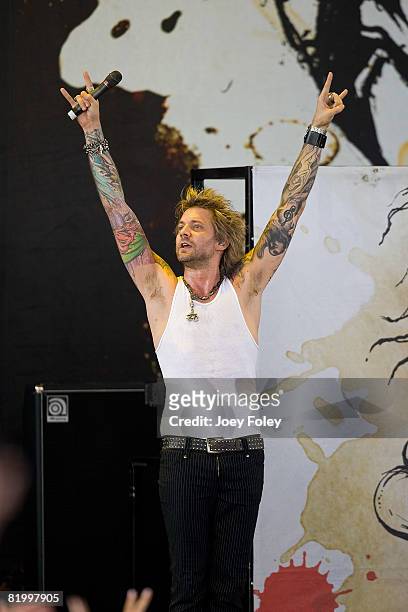 Lead singer James Michael of the rock band Sixx:A.M. Performs live during Crue Fest 2008 at the Verizon Wireless Music Center on July 18, 2008 in...