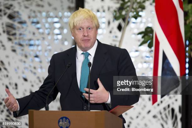 Boris Johnson, U.K. Foreign secretary, delivers a joint statement with Fumio Kishida, Japan's foreign minister, not pictured, after their meeting in...