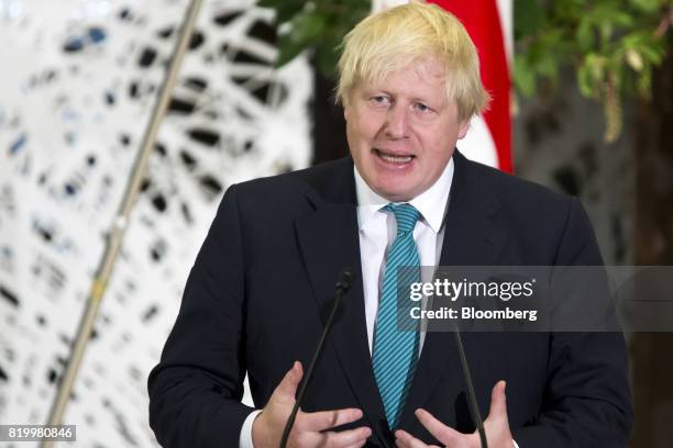 Boris Johnson, U.K. Foreign secretary, delivers a joint statement with Fumio Kishida, Japan's foreign minister, not pictured, after their meeting in...