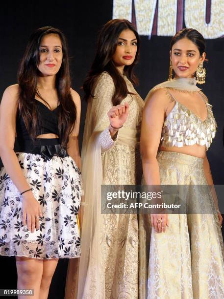 Indian Bollywood actress Neha Sharma, Athiya Shetty and Ileana DCruz attend a promotional event for their upcoming Hindi film "Mubarakan" in Mumbai...