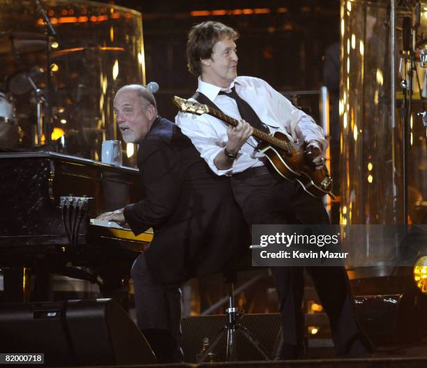 Exclusive* Billy Joel and Sir Paul McCartney perform during the "Last Play at Shea" at Shea Stadium on July 16, 2008 in Queens, NY.