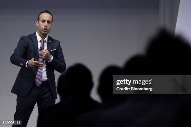 Lior Div, co-founder and chief operating officer of Cybereason Inc., gestures as he speaks at the SoftBank World 2017 event in Tokyo, Japan, on...