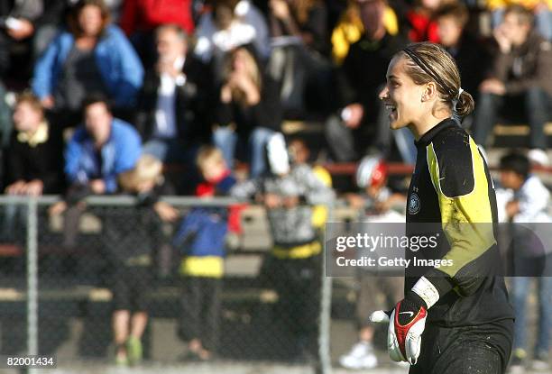 Goalkeeper Lisa Weiss of Germany is pictured during the Women's U23 Nordic Cup match between Sweden and Germany at the Kopparvallen stadium on July...