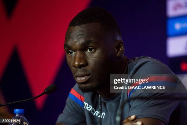 Crystal Palace player Christian Benteke speaks during a press conference of the Premier League Asia Trophy football tournament in Hong Kong on July...