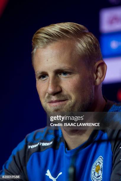 Leicester City player Kasper Schmeichel speaks during a press conference of the Premier League Asia Trophy football tournament in Hong Kong on July...