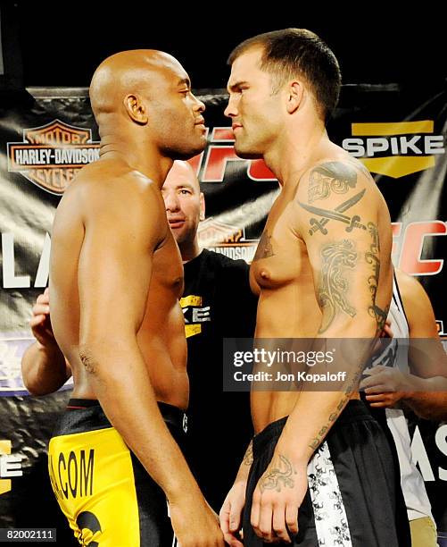 Fighter Anderson Silva and James Irvin at the Silva vs. Irvin UFC Fight Night Weigh-Ins at the Palms Casino Hotel on July 18, 2008 in Las Vegas,...