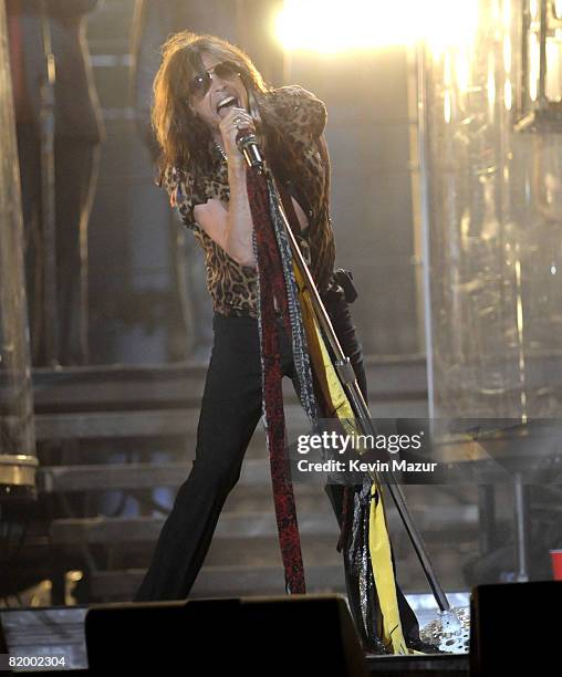 Exclusive* Steven Tyler of Aerosmith performs during the "Last Play at Shea" at Shea Stadium on July 16, 2008 in Queens, NY.