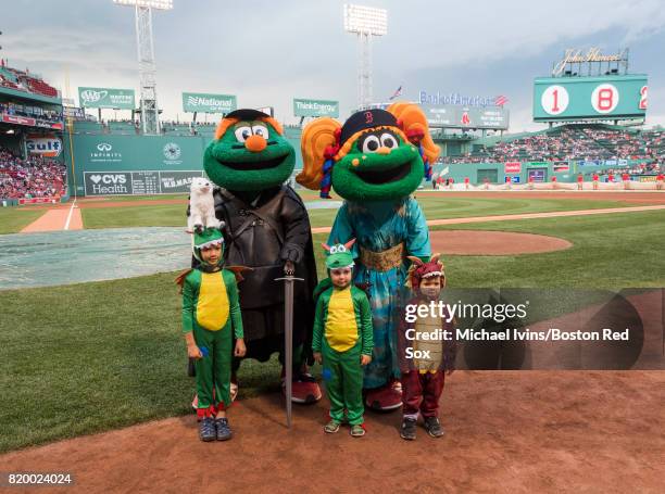 Boston Red Sox mascots Wally and Tessy dressed up as characters from Game of Thrones at Fenway Park on July 18, 2017 in Boston, Massachusetts.