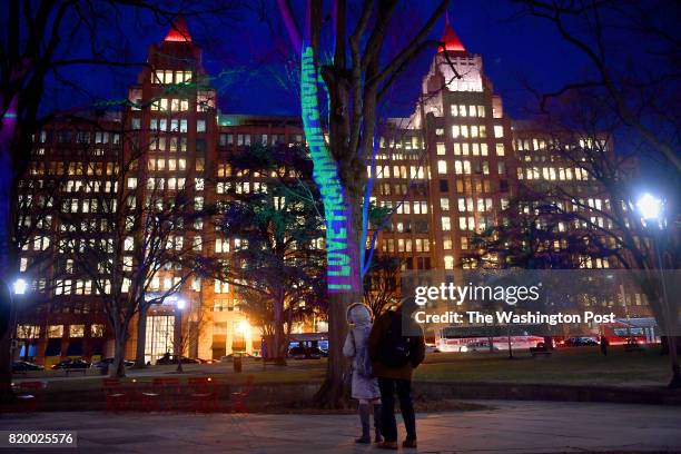 Ellen Jones and her husband, Jim McCarthy attempt to read the message in the trees, part ofthe "I Heart Franklin Park" installation of light...