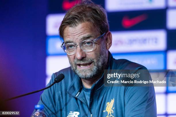 Liverpool FC head coach Jurgen Klopp speaks to the media during a Premier League Asia Trophy Press Conference at Grand Hyatt Hotel on July 21, 2017...