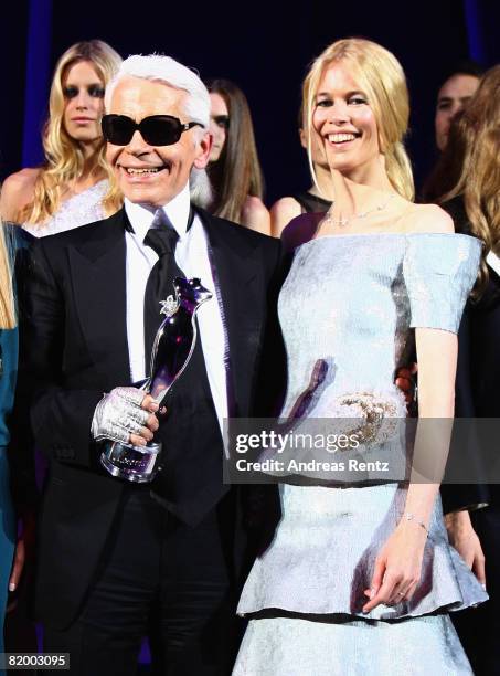 Claudia Schiffer and Karl Lagerfeld attend the ELLE Fashion Star award ceremony during the Mercedes Benz Fashion week spring/summer 2009 at the...