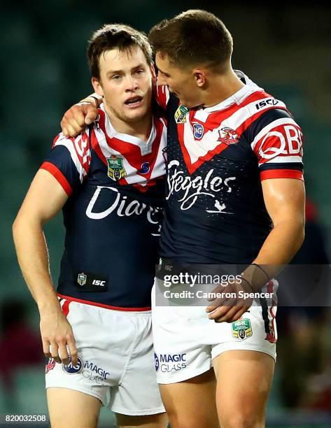 Victor Radley of the Roosters congratulates Luke Keary of the Roosters after scoring try during the round 20 NRL match between the Sydney Roosters...