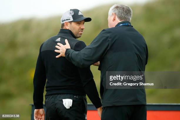 Sergio Garcia of Spain receives assistance from the physio on the 8th tee during the second round of the 146th Open Championship at Royal Birkdale on...