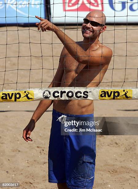 Phil Dalhausser reacts to a replay during the men's final of the AVP Brooklyn Open on July 19, 2008 at Coney Island in the Brooklyn borough of New...