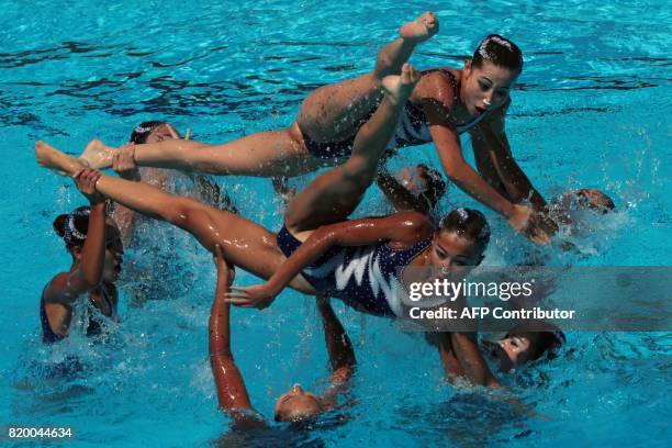 Team People's Republic of Korea competes in the Women's Free routine final during the synchronised swimming competition at the 2017 FINA World...