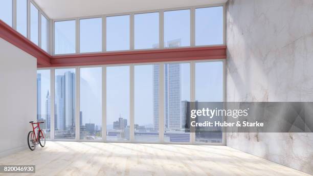 loft apartment with bicycle - apartment no furniture stockfoto's en -beelden