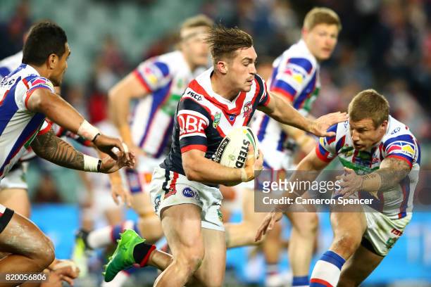 Connor Watson of the Roosters runs the ball during the round 20 NRL match between the Sydney Roosters and the Newcastle Knights at Allianz Stadium on...