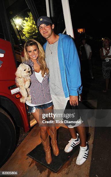 Daisy with Singer/Songwriter Jessica Simpson and Dallas Cowboys Quarterback Tony Romo backstage after Jessica finished her first live performance in...