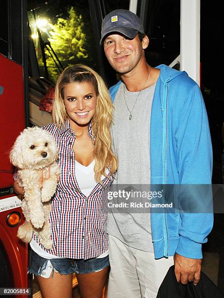 Daisy with Singer/Songwriter Jessica Simpson and Dallas Cowboys Quarterback Tony Romo backstage after Jessica finished her first live performance in...