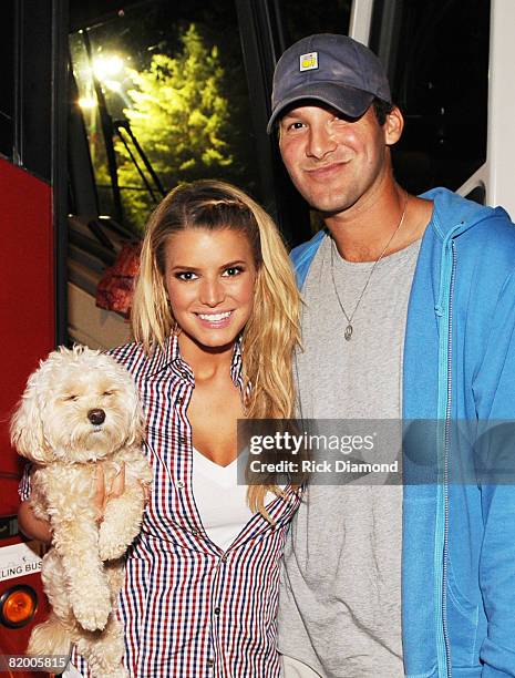 Daisy with Singer/Songwriter Jessica Simpson and Dallas Cowboys Quarterback Tony Romo backstage after Jessica finished her first live performance in...