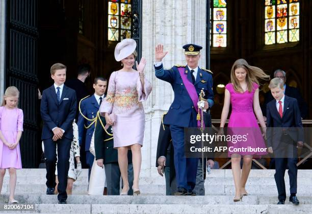 Princess Eleonore, Prince Gabriel, Queen Mathilde of Belgium, King Philippe of Belgium, Crown Princess Elisabeth and Prince Emmanuel walk after the...