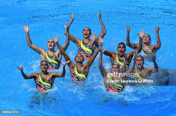 The United States of America compete during the Synchronised Swimming Team Free final on day eight of the Budapest 2017 FINA World Championships on...